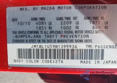 2011 Mazda Mazda3 S Sport z USA, uszkodzony, nr VIN JM1BL1U59B1399936